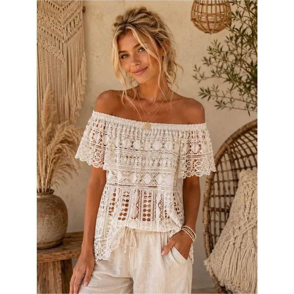 Boho Chic Cream Off-the-Shoulder Crochet Lace Top